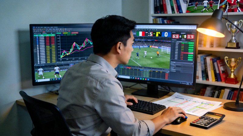 体育数据分析师在电脑前进行赛事数据深度分析的高清图片