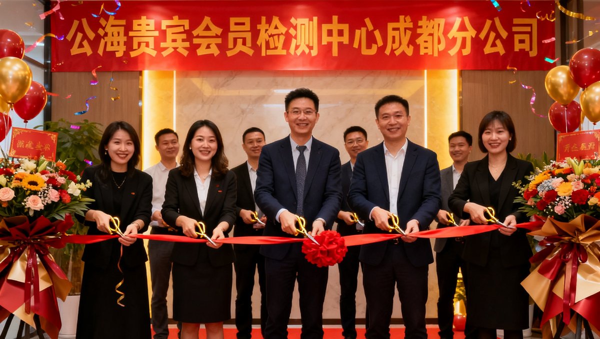 公海贵宾会员检测中心成都分公司开业典礼现场，团队成员共同剪彩的喜庆画面